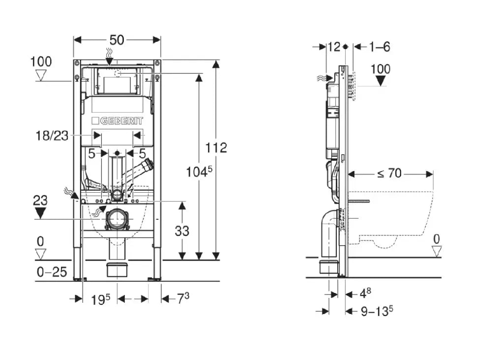 Geberit Duofix Verborgen Frame voor Toilet met Zij-extractie - Sigma 12 cm - H112